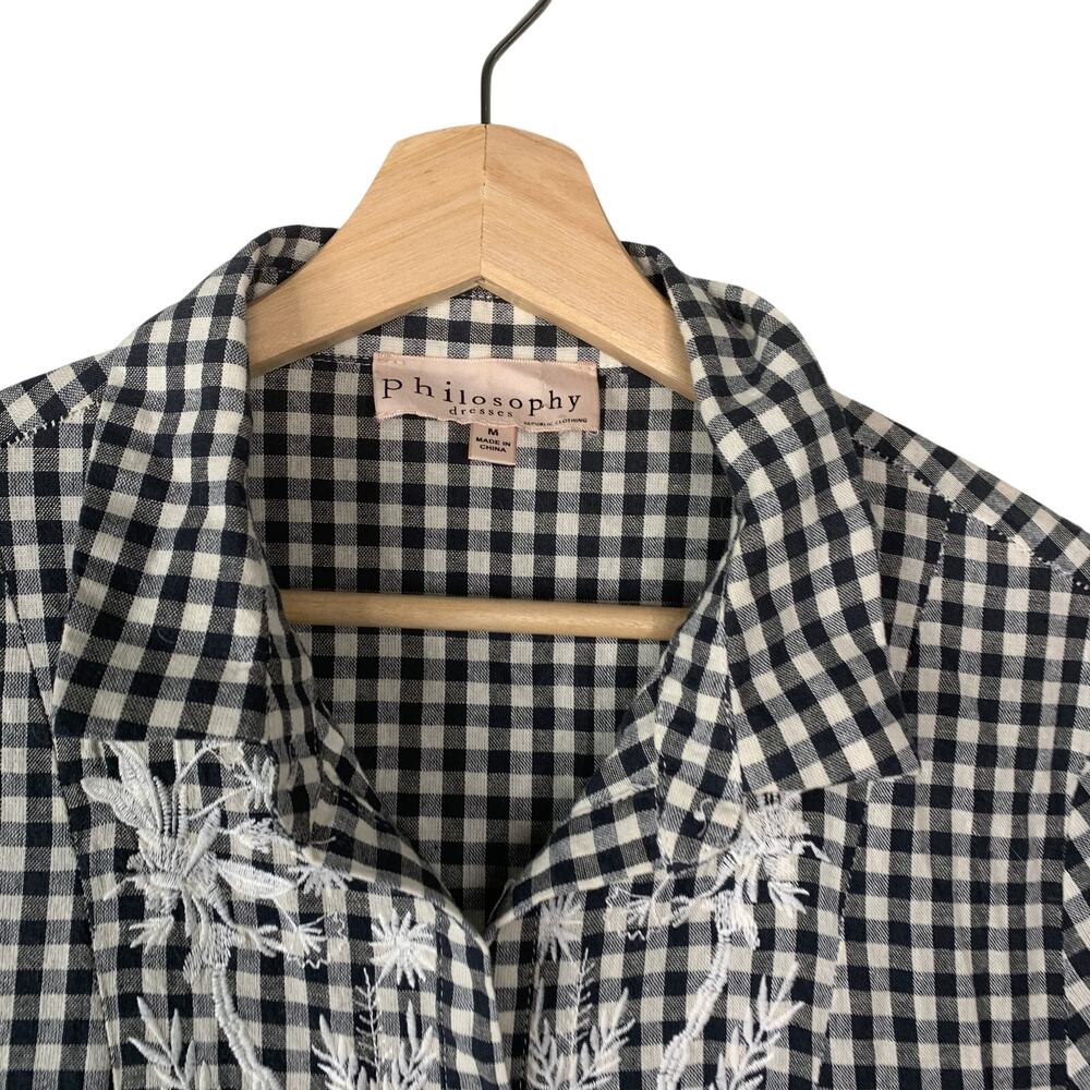 Philosophy Black White Gingham Embroidered Shirt Dress Pockets M Cottagecore - Picture 7 of 8